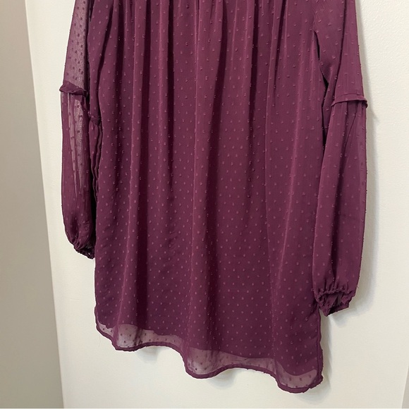 Japna Large Plum Dark Purple Long Sleeve Mini Dress Swiss Dot Mockneck Keyhole - Picture 2 of 9
